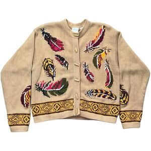 Vintage 90s First Issue Pheasant Feather Multicolor Cardigan Wood Buttons Small